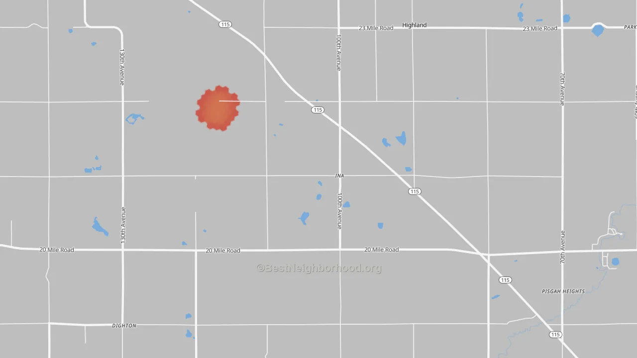 Walk Grade map of Ina, MI, walkable areas in green and car-dependent areas in red