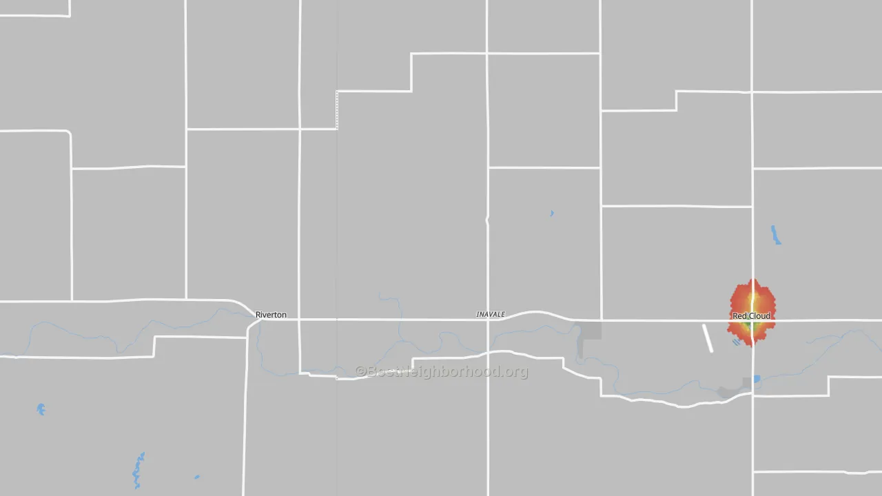 Walk Grade map of Inavale, NE, walkable areas in green and car-dependent areas in red