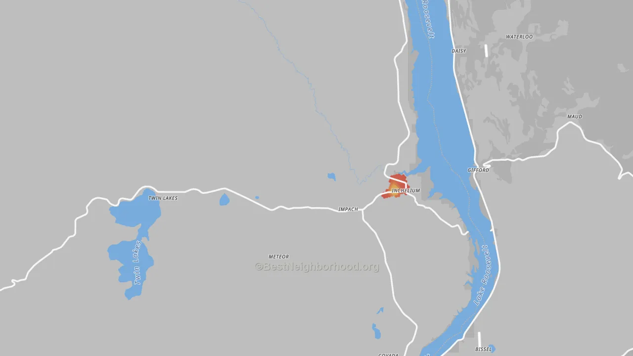 Walk Grade map of Inchelium, WA, walkable areas in green and car-dependent areas in red