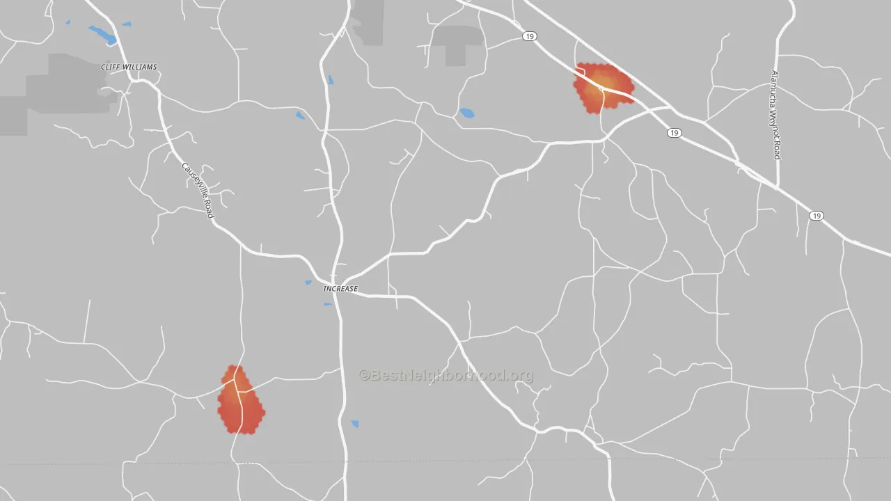 Walk Grade map of Increase, MS, walkable areas in green and car-dependent areas in red