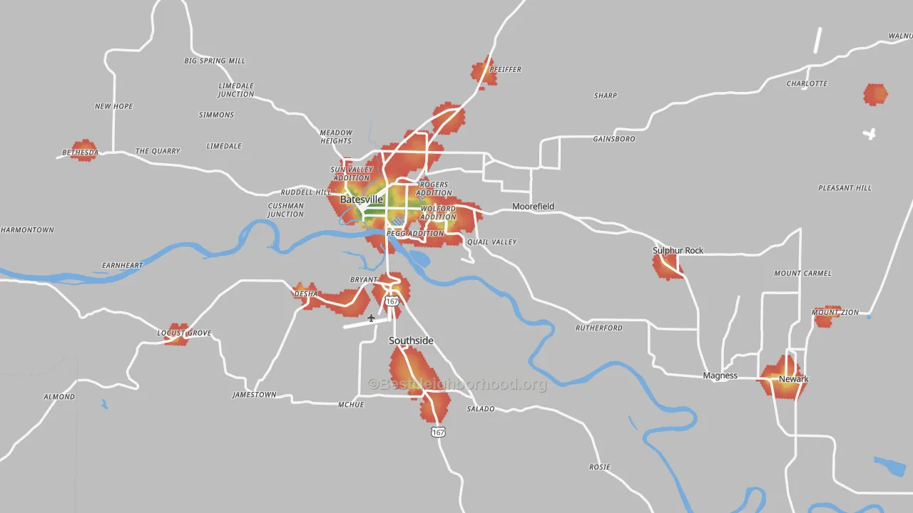 Walk Grade map of Independence County, AR, walkable areas in green and car-dependent areas in red