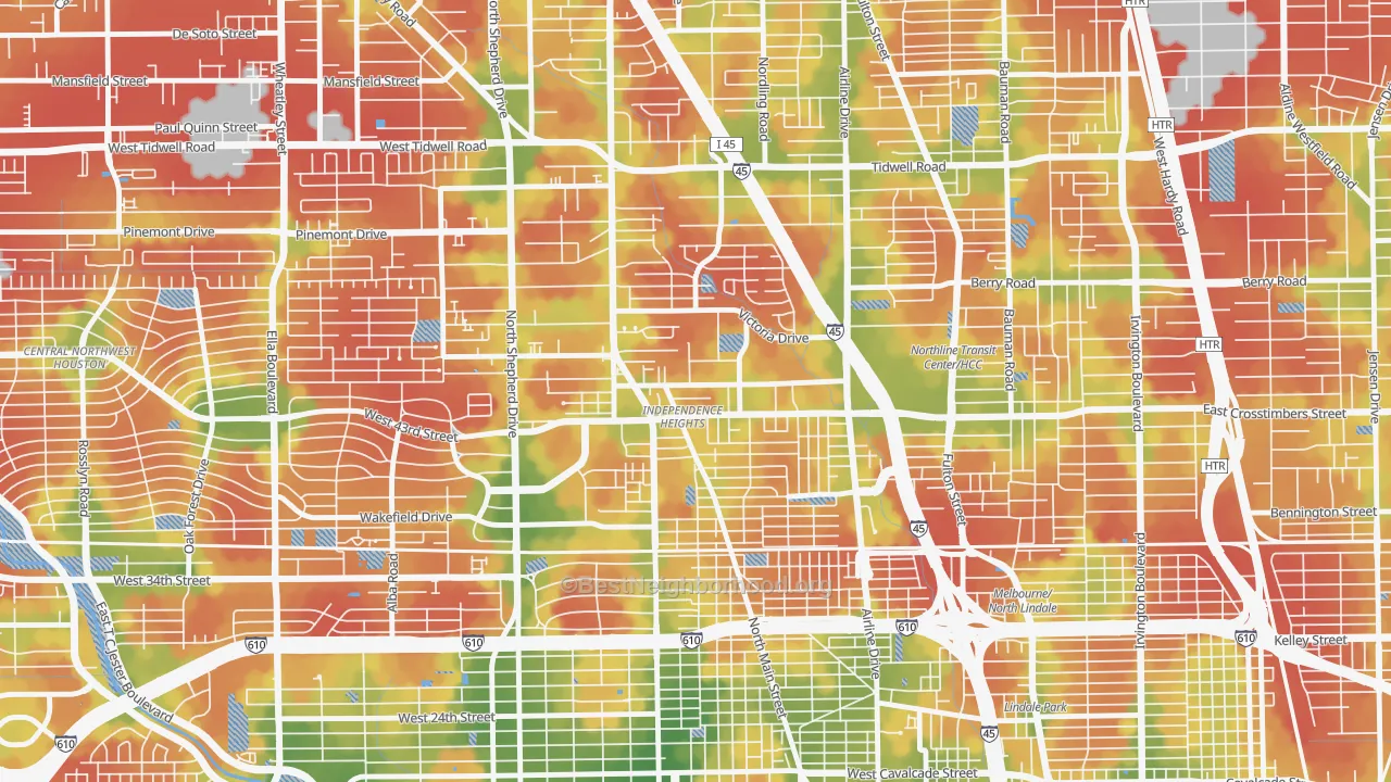 Walk Grade map of Independence Heights, Houston, TX, walkable areas in green and car-dependent areas in red