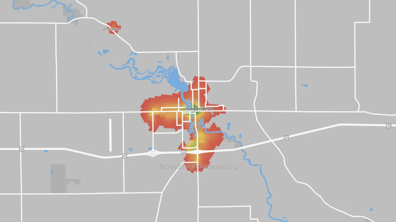Walk Grade map of Independence, IA, walkable areas in green and car-dependent areas in red