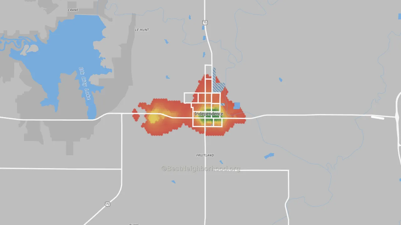 Walk Grade map of Independence, KS, walkable areas in green and car-dependent areas in red