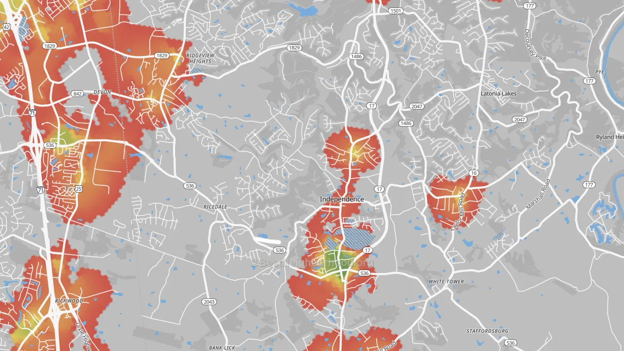 Walk Grade map of Independence, KY, walkable areas in green and car-dependent areas in red