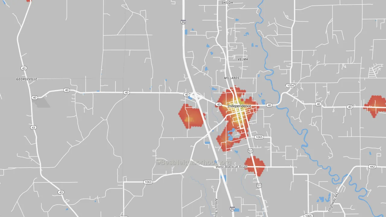 Walk Grade map of Independence, LA, walkable areas in green and car-dependent areas in red