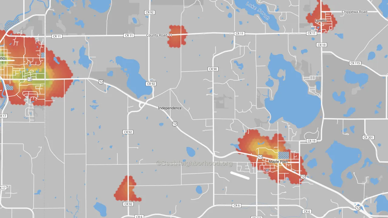 Walk Grade map of Independence, MN, walkable areas in green and car-dependent areas in red