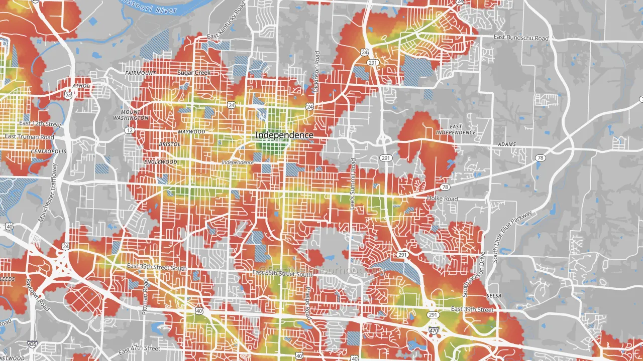 Walk Grade map of Independence, MO, walkable areas in green and car-dependent areas in red