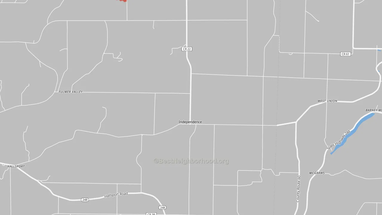Walk Grade map of Independence, NY, walkable areas in green and car-dependent areas in red