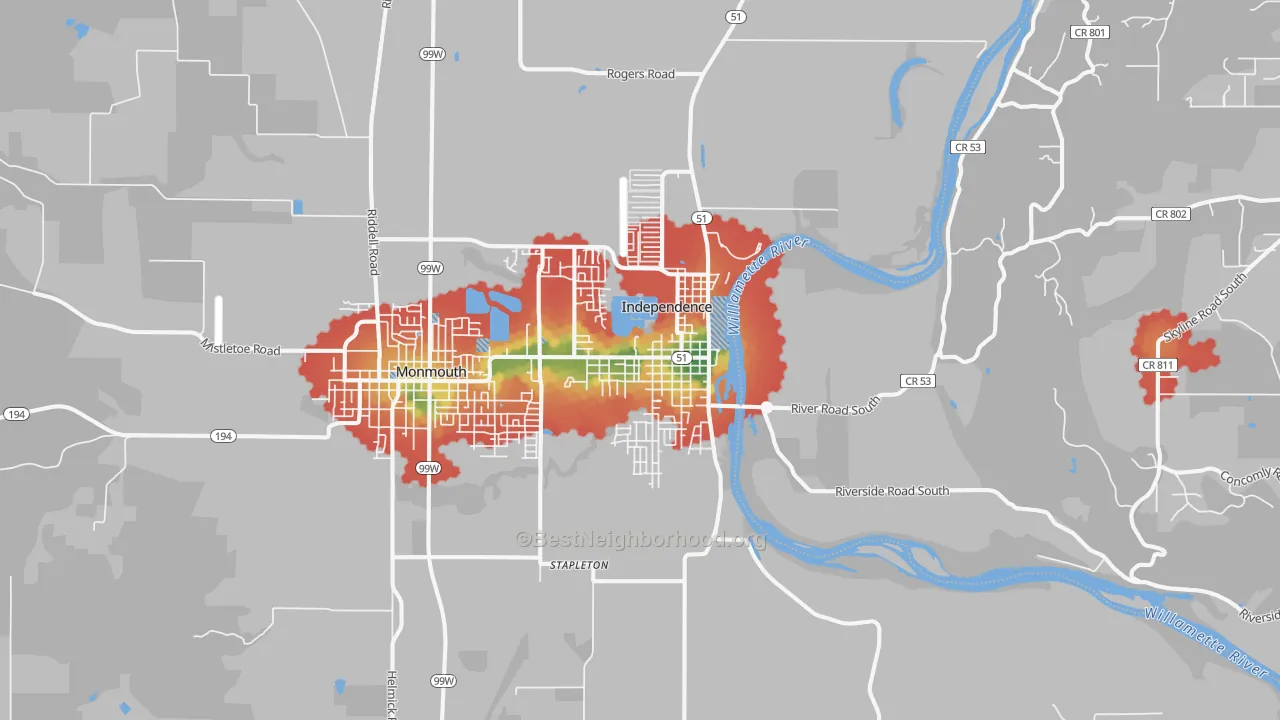 Walk Grade map of Independence, OR, walkable areas in green and car-dependent areas in red