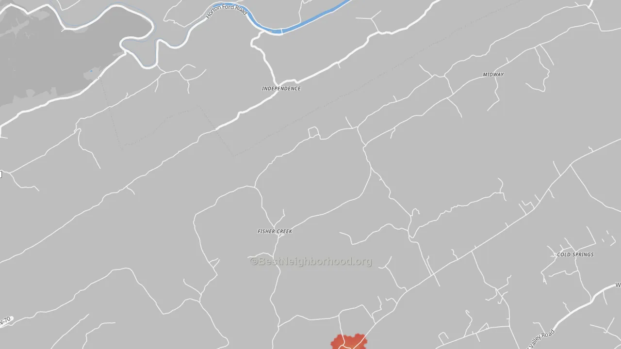 Walk Grade map of Independence, TN, walkable areas in green and car-dependent areas in red