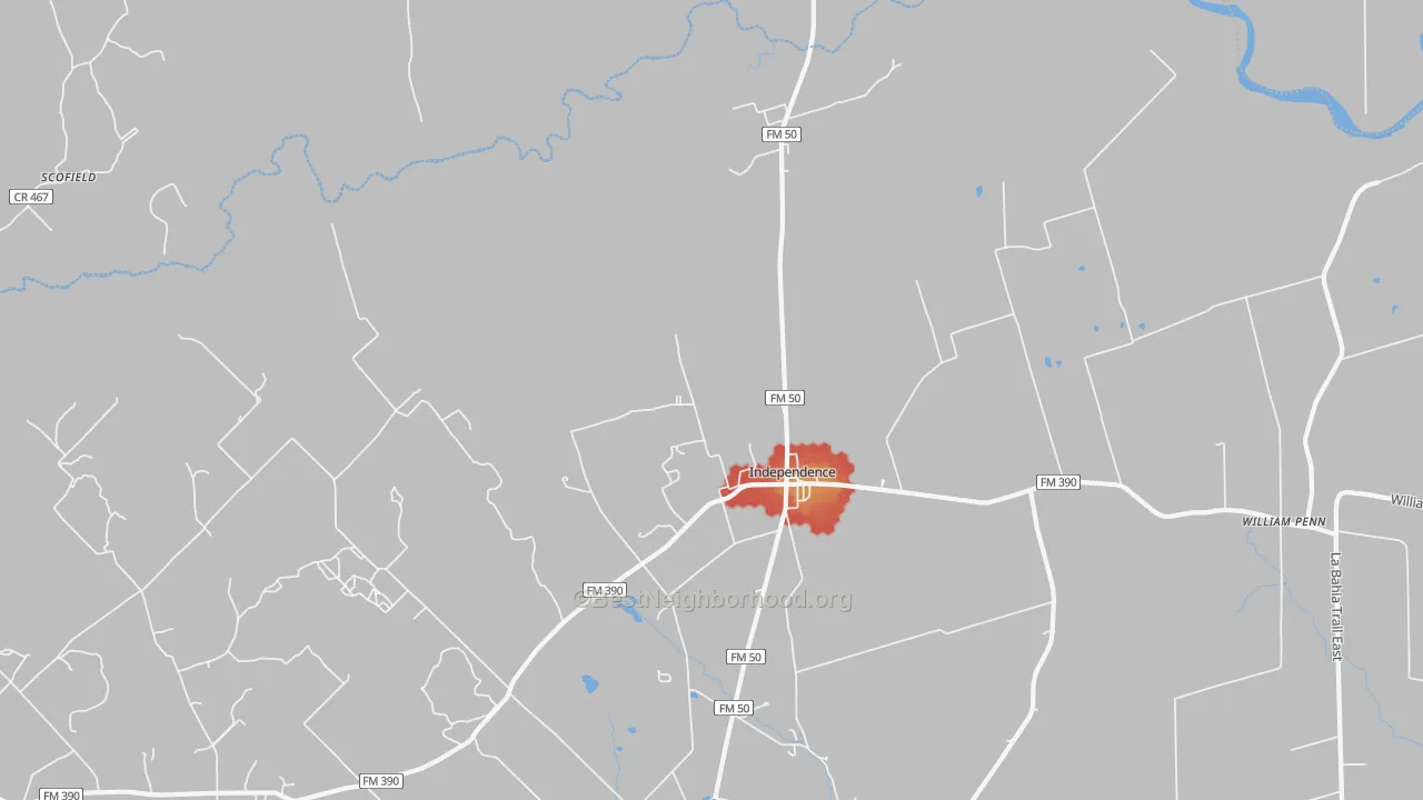 Walk Grade map of Independence, TX, walkable areas in green and car-dependent areas in red