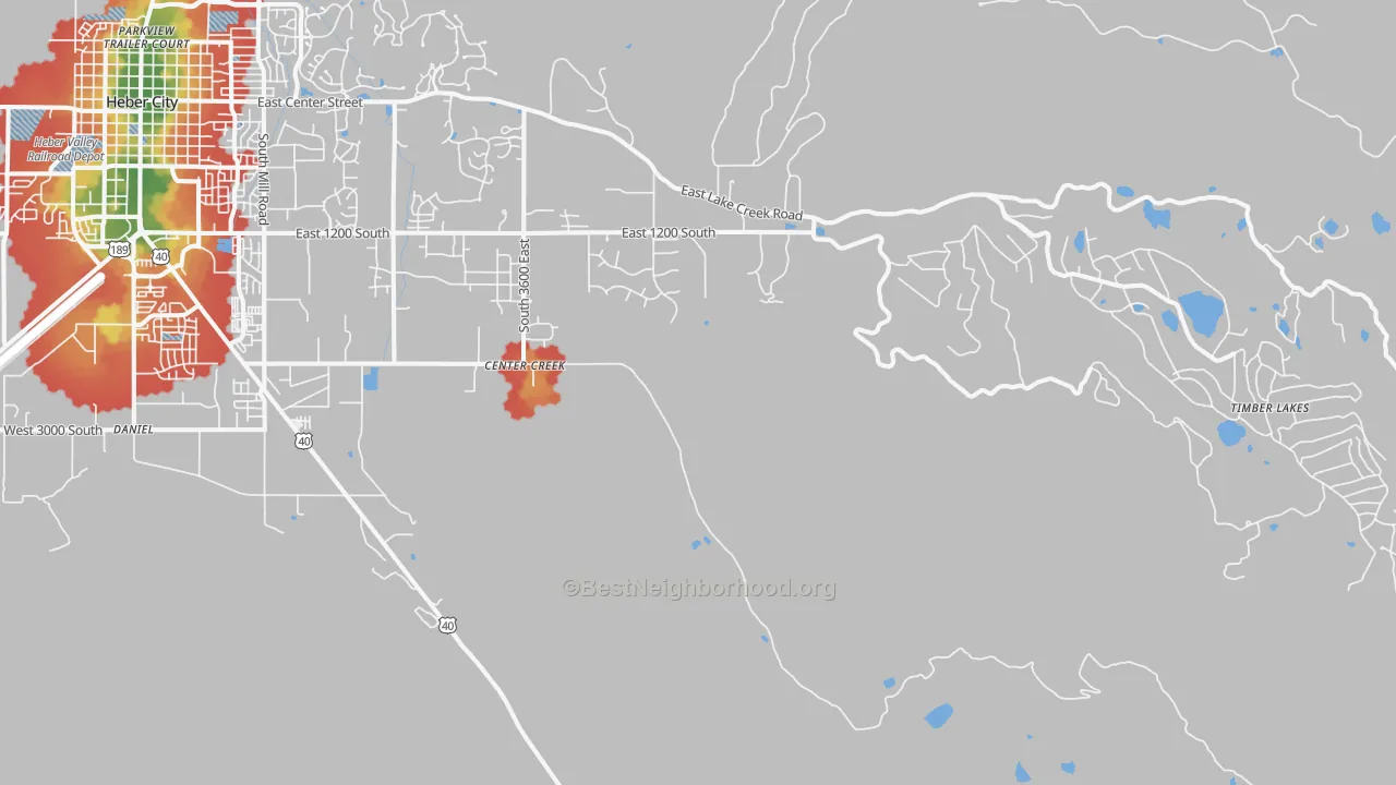Walk Grade map of Independence, UT, walkable areas in green and car-dependent areas in red