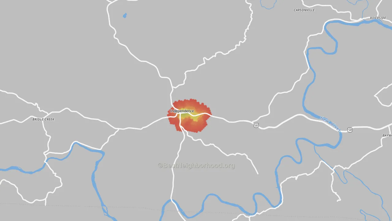 Walk Grade map of Independence, VA, walkable areas in green and car-dependent areas in red