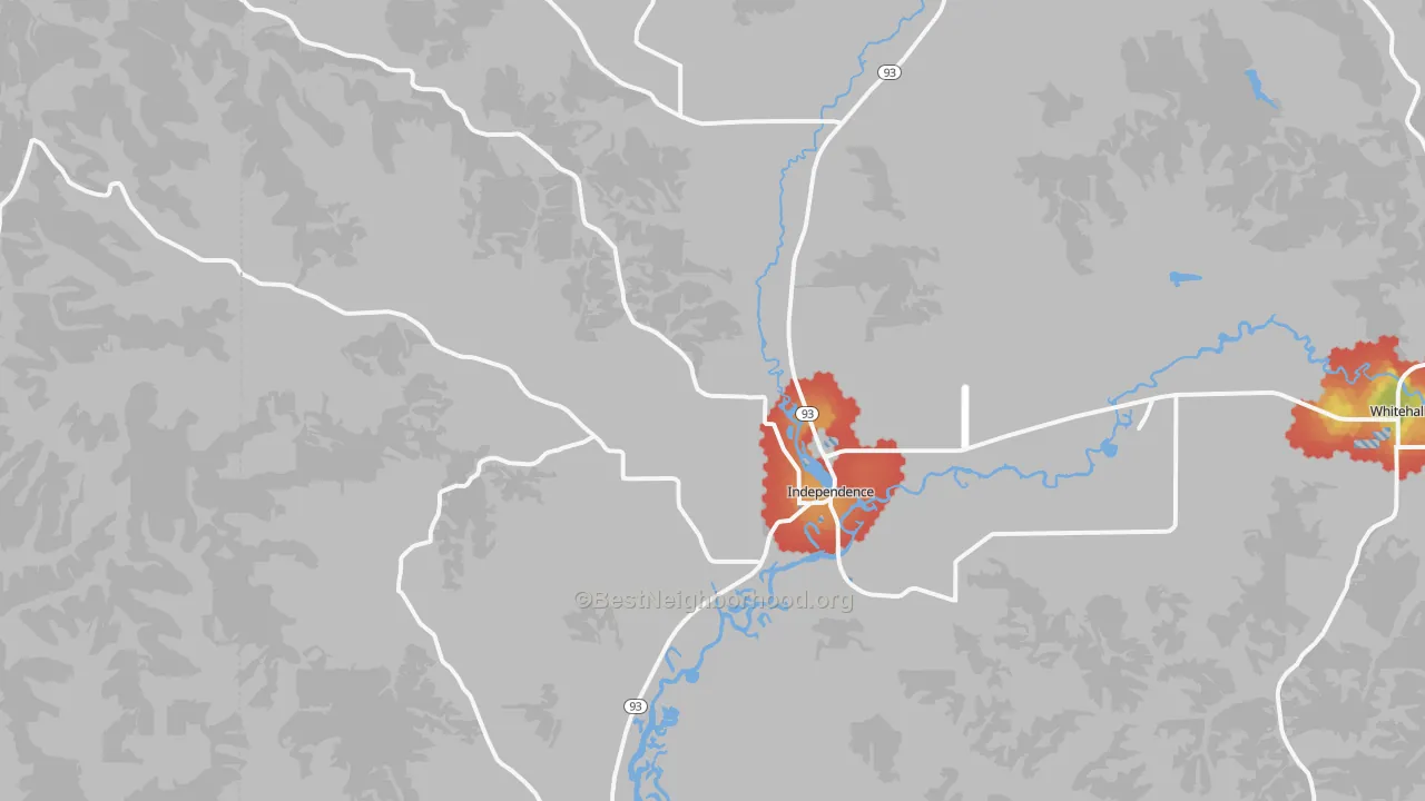 Walk Grade map of Independence, WI, walkable areas in green and car-dependent areas in red