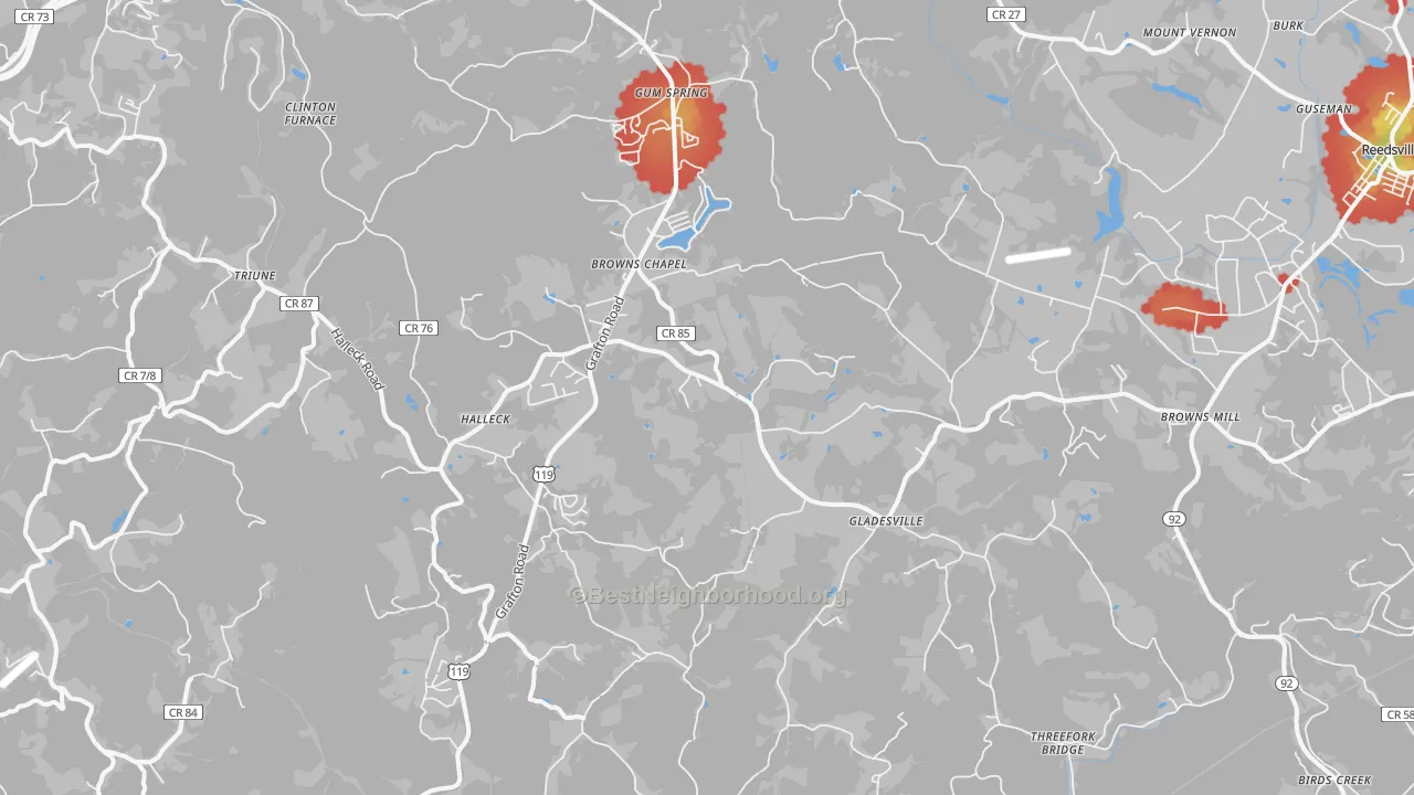 Walk Grade map of Independence, WV, walkable areas in green and car-dependent areas in red