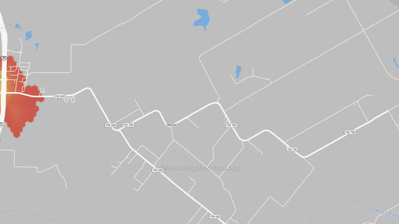 Walk Grade map of India, TX, walkable areas in green and car-dependent areas in red