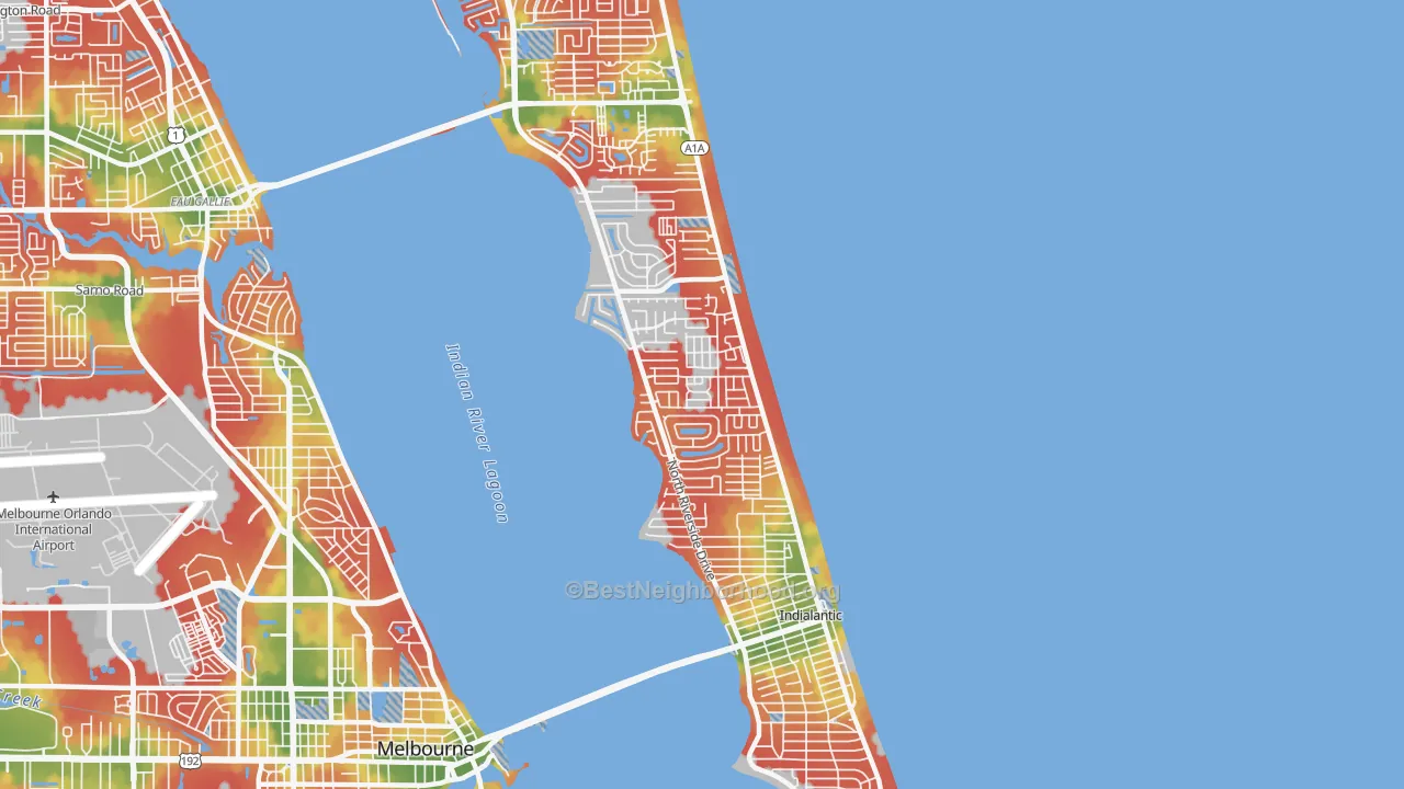 Walk Grade map of Indialantic, FL, walkable areas in green and car-dependent areas in red
