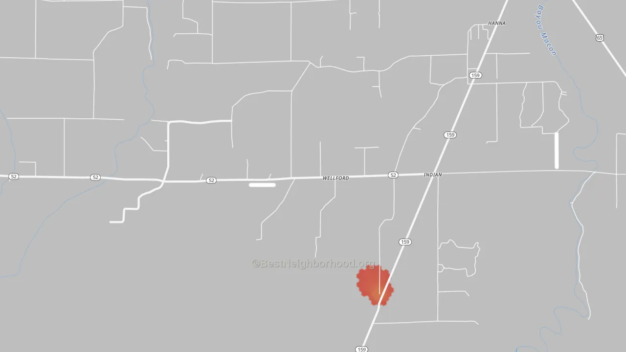 Walk Grade map of Indian, AR, walkable areas in green and car-dependent areas in red