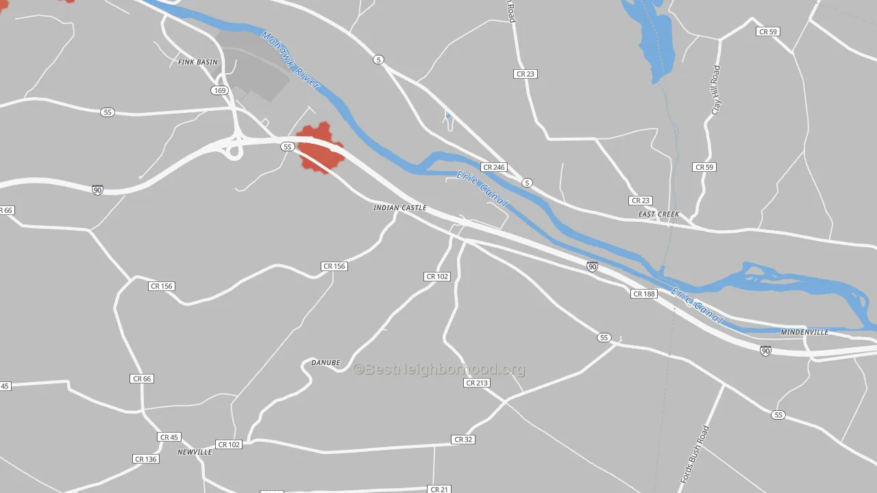 Walk Grade map of Indian Castle, NY, walkable areas in green and car-dependent areas in red