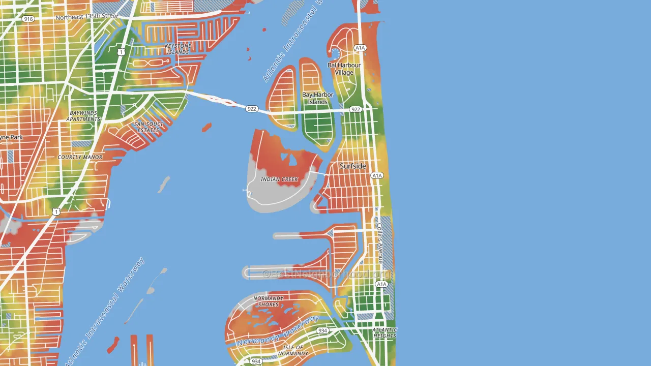 Walk Grade map of Indian Creek, FL, walkable areas in green and car-dependent areas in red