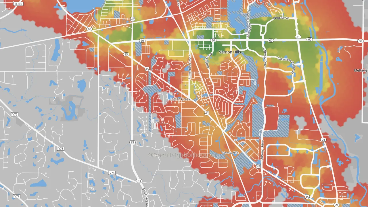 Walk Grade map of Indian Creek, IL, walkable areas in green and car-dependent areas in red