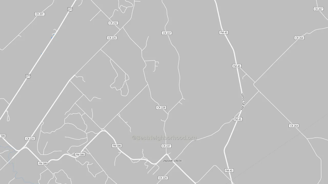 Walk Grade map of Indian Creek, TX, walkable areas in green and car-dependent areas in red