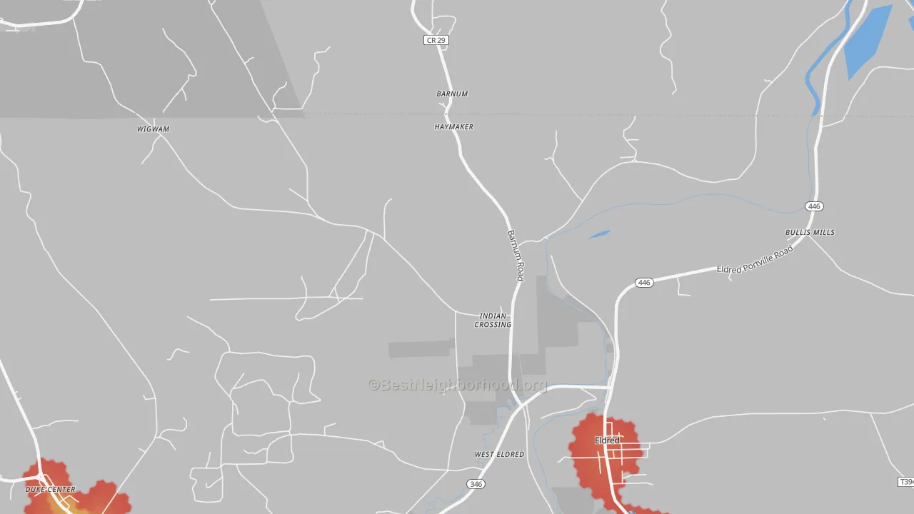 Walk Grade map of Indian Crossing, PA, walkable areas in green and car-dependent areas in red