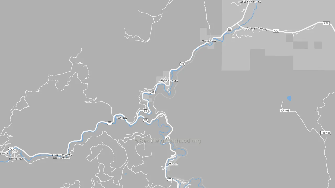 Walk Grade map of Indian Falls, CA, walkable areas in green and car-dependent areas in red