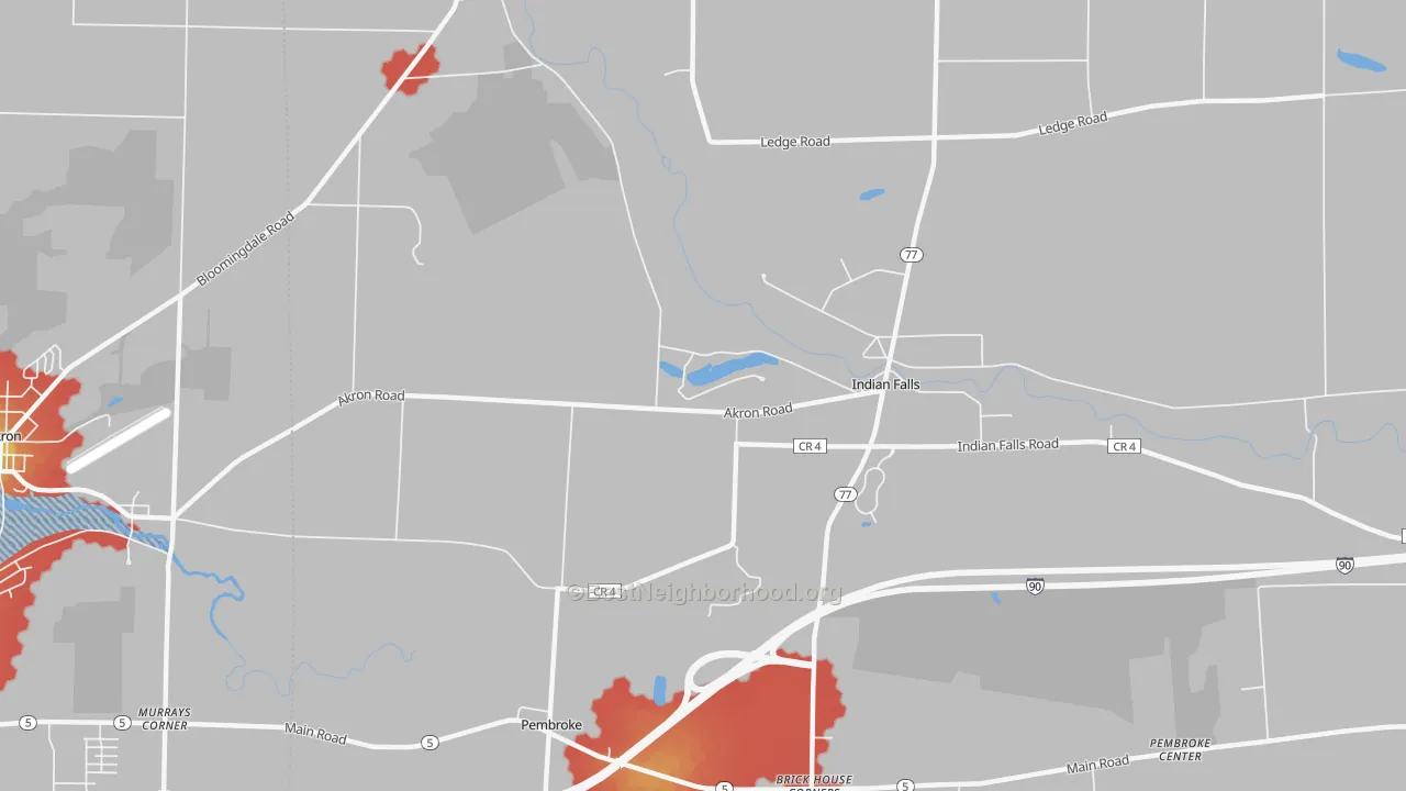 Walk Grade map of Indian Falls, NY, walkable areas in green and car-dependent areas in red