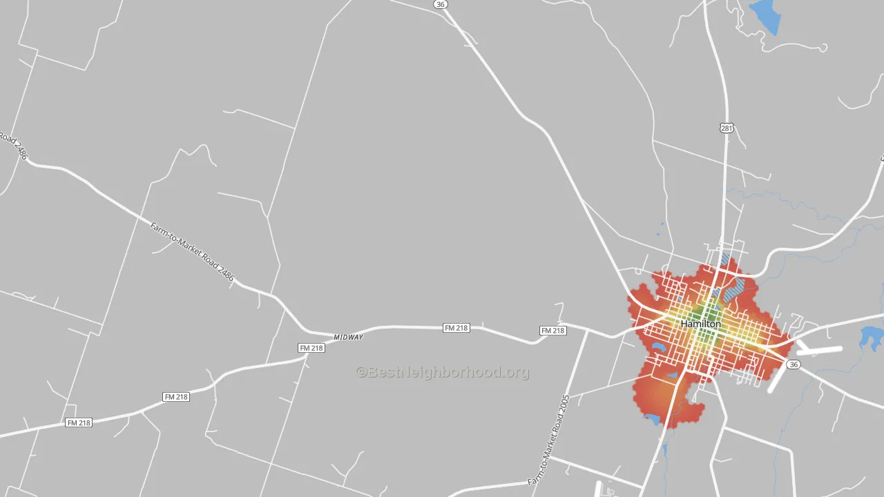 Walk Grade map of Indian Gap, TX, walkable areas in green and car-dependent areas in red