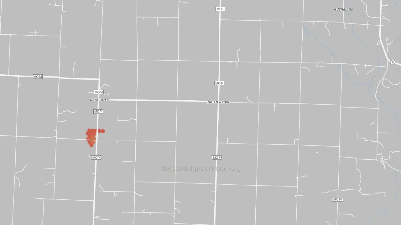 Walk Grade map of Indian Grove, MO, walkable areas in green and car-dependent areas in red