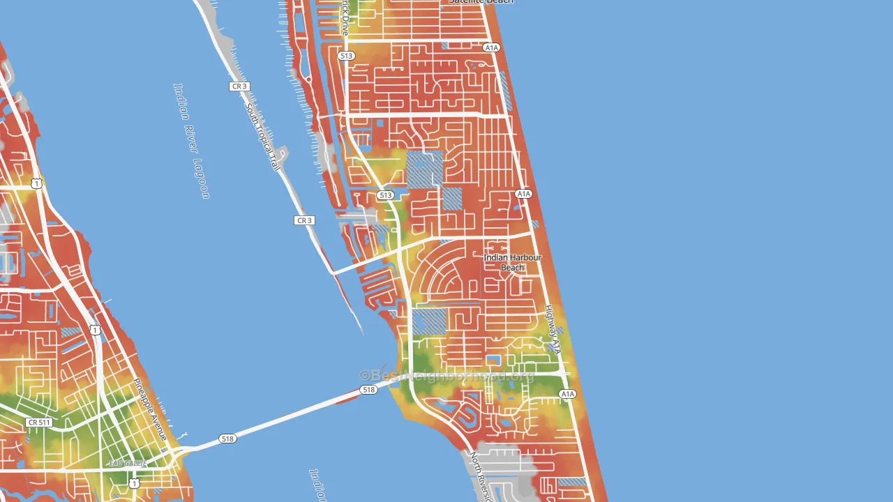 Walk Grade map of Indian Harbour Beach, FL, walkable areas in green and car-dependent areas in red