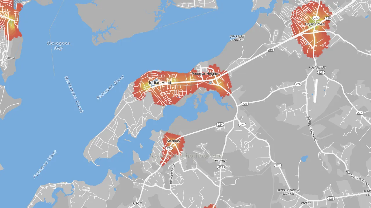 Walk Grade map of Indian Head, MD, walkable areas in green and car-dependent areas in red