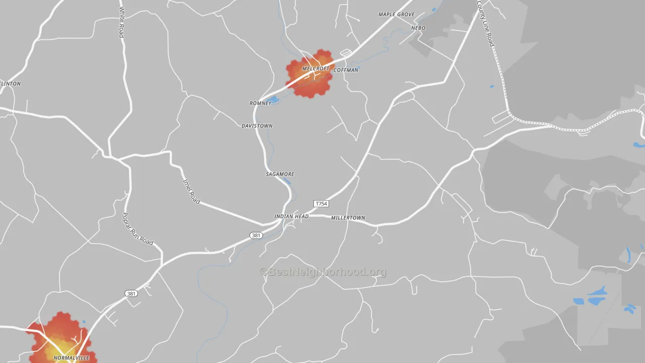 Walk Grade map of Indian Head, PA, walkable areas in green and car-dependent areas in red