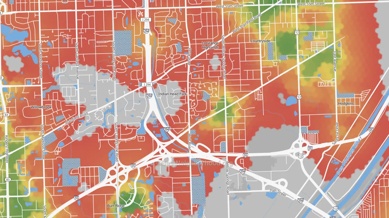Walk Grade map of Indian Head Park, IL, walkable areas in green and car-dependent areas in red