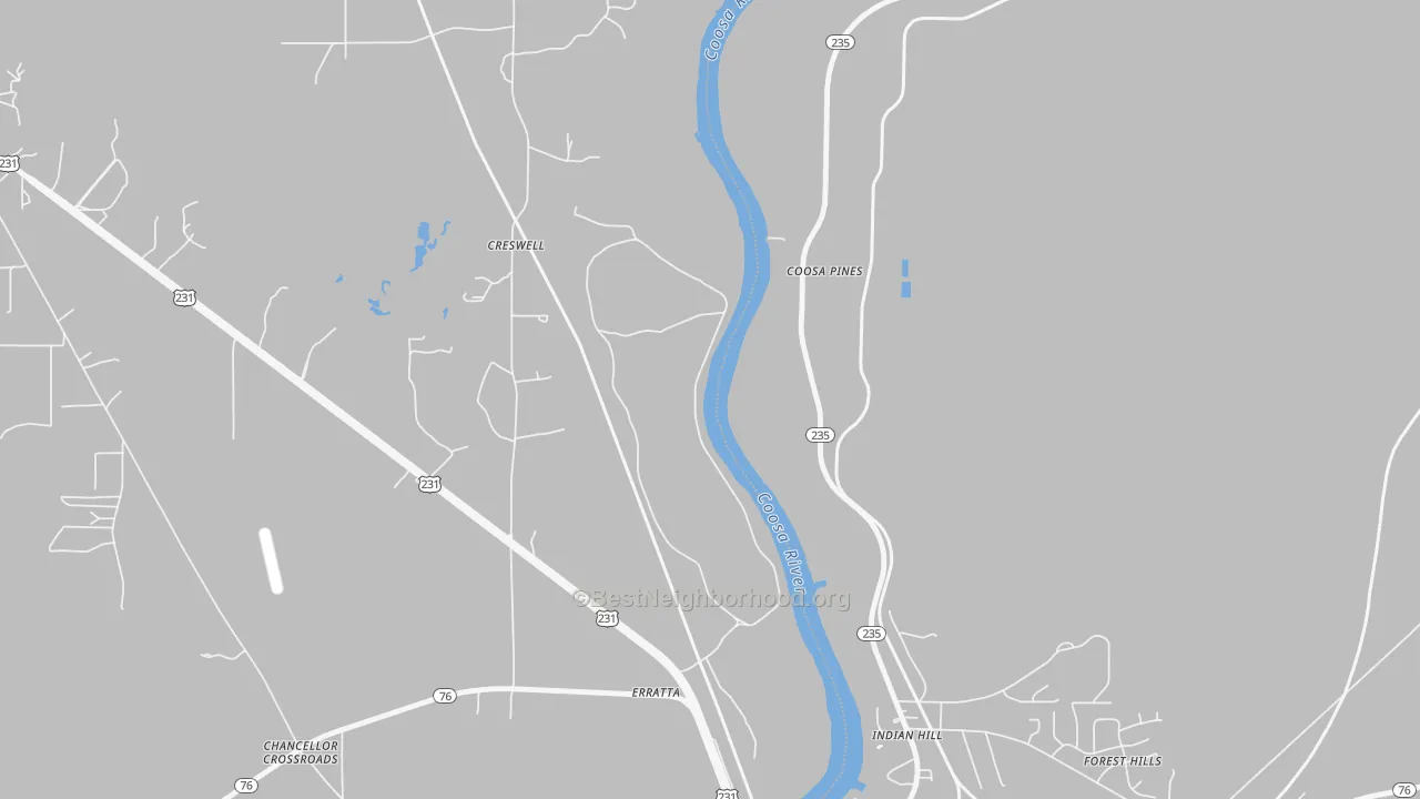 Walk Grade map of Indian Hill, AL, walkable areas in green and car-dependent areas in red