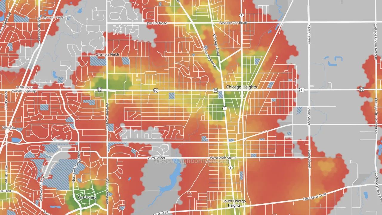 Walk Grade map of Indian Hill, Chicago Heights, IL, walkable areas in green and car-dependent areas in red