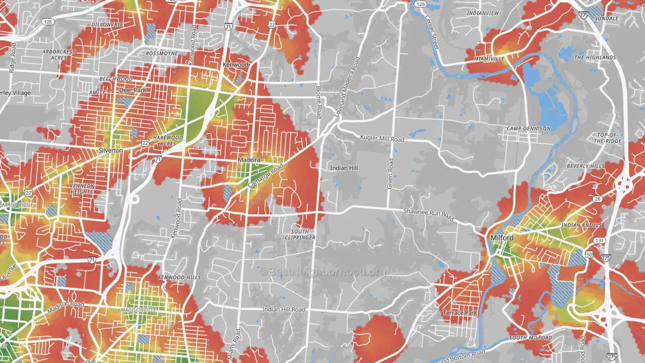 Walk Grade map of Indian Hill, OH, walkable areas in green and car-dependent areas in red