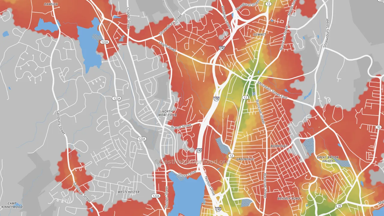 Walk Grade map of Indian Hill, Worcester, MA, walkable areas in green and car-dependent areas in red