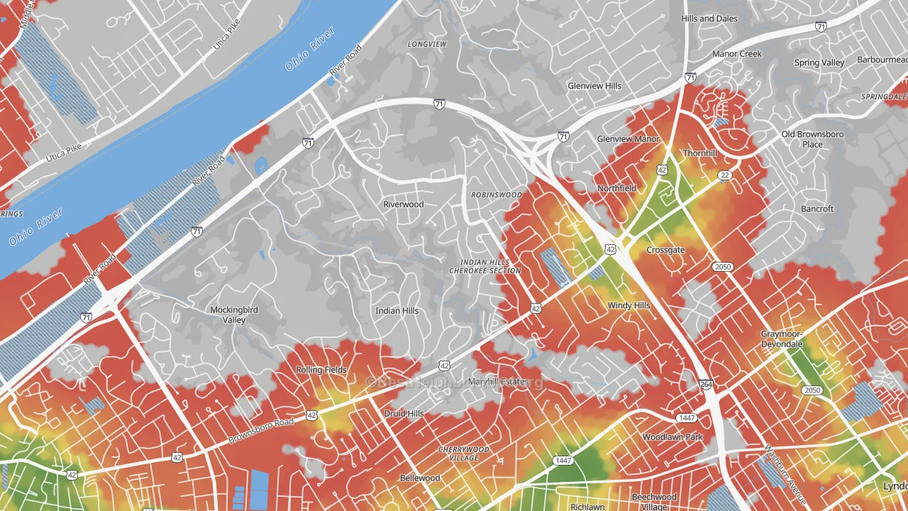 Walk Grade map of Indian Hills, KY, walkable areas in green and car-dependent areas in red