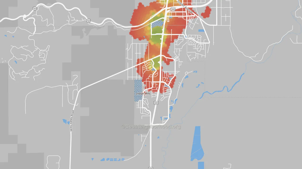 Walk Grade map of Indian Hills, NV, walkable areas in green and car-dependent areas in red