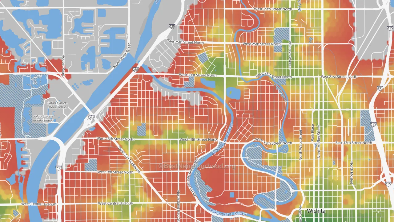 Walk Grade map of Indian Hills Riverbend, Wichita, KS, walkable areas in green and car-dependent areas in red
