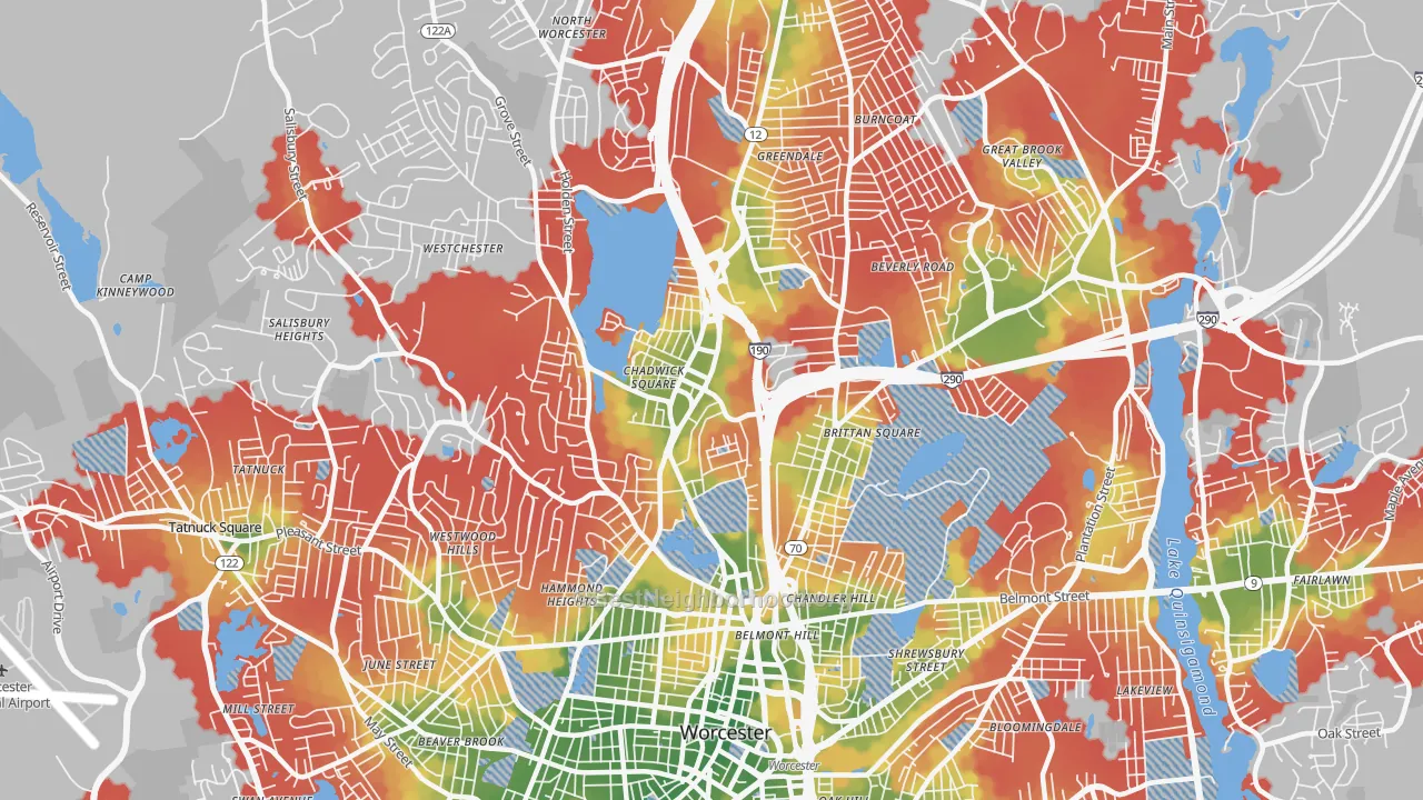 Walk Grade map of Indian Lake East, Worcester, MA, walkable areas in green and car-dependent areas in red