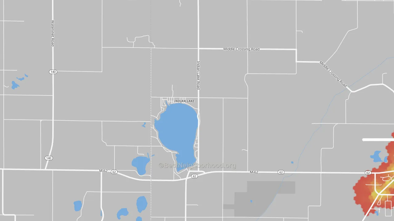 Walk Grade map of Indian Lake, MI, walkable areas in green and car-dependent areas in red