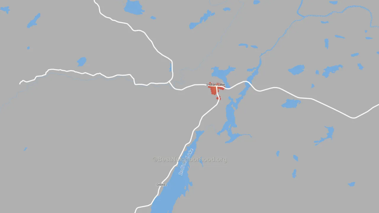 Walk Grade map of Indian Lake, NY, walkable areas in green and car-dependent areas in red