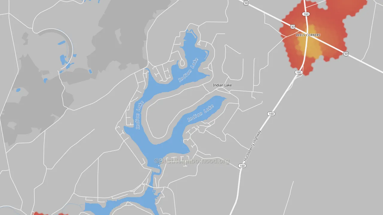 Walk Grade map of Indian Lake, PA, walkable areas in green and car-dependent areas in red