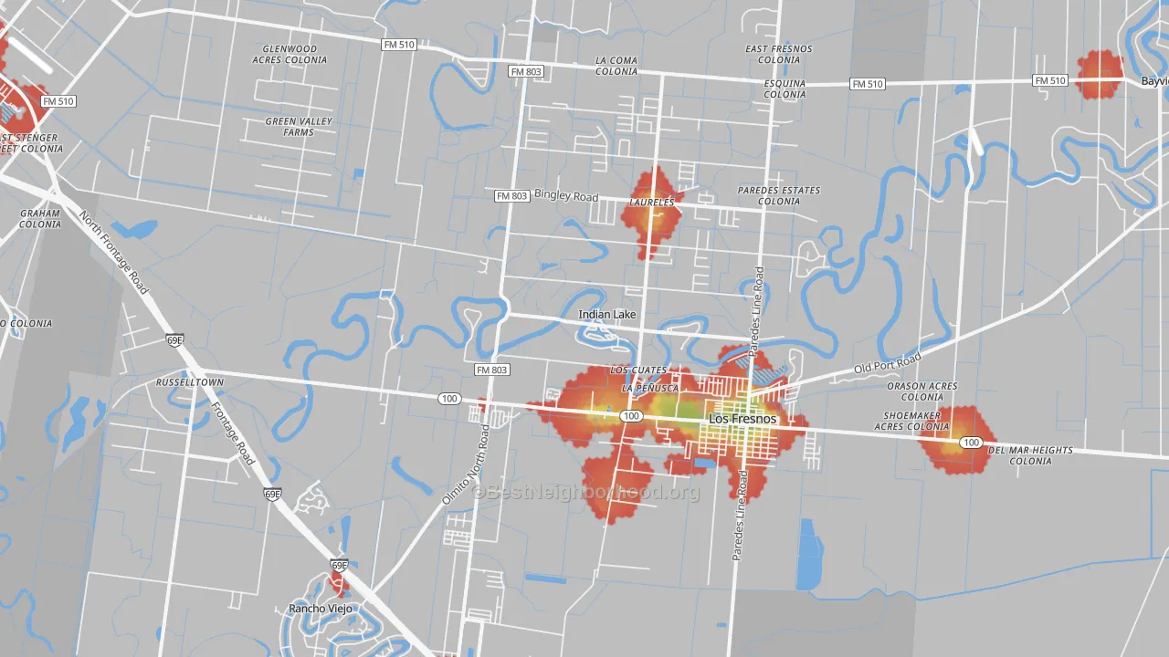 Walk Grade map of Indian Lake, TX, walkable areas in green and car-dependent areas in red