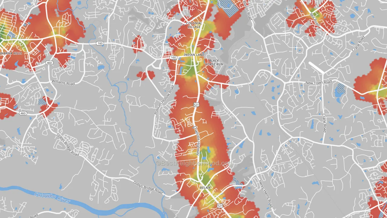 Walk Grade map of Indian Land, SC, walkable areas in green and car-dependent areas in red