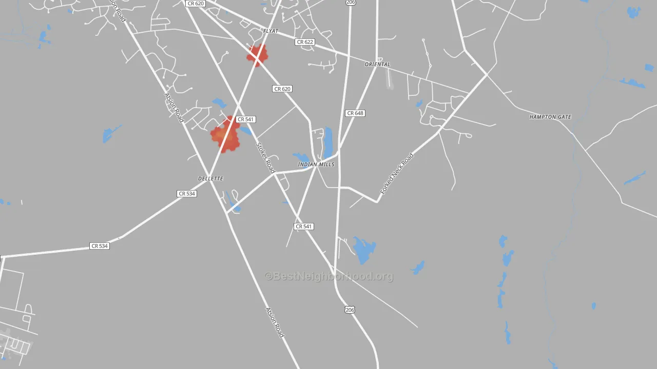 Walk Grade map of Indian Mills, NJ, walkable areas in green and car-dependent areas in red